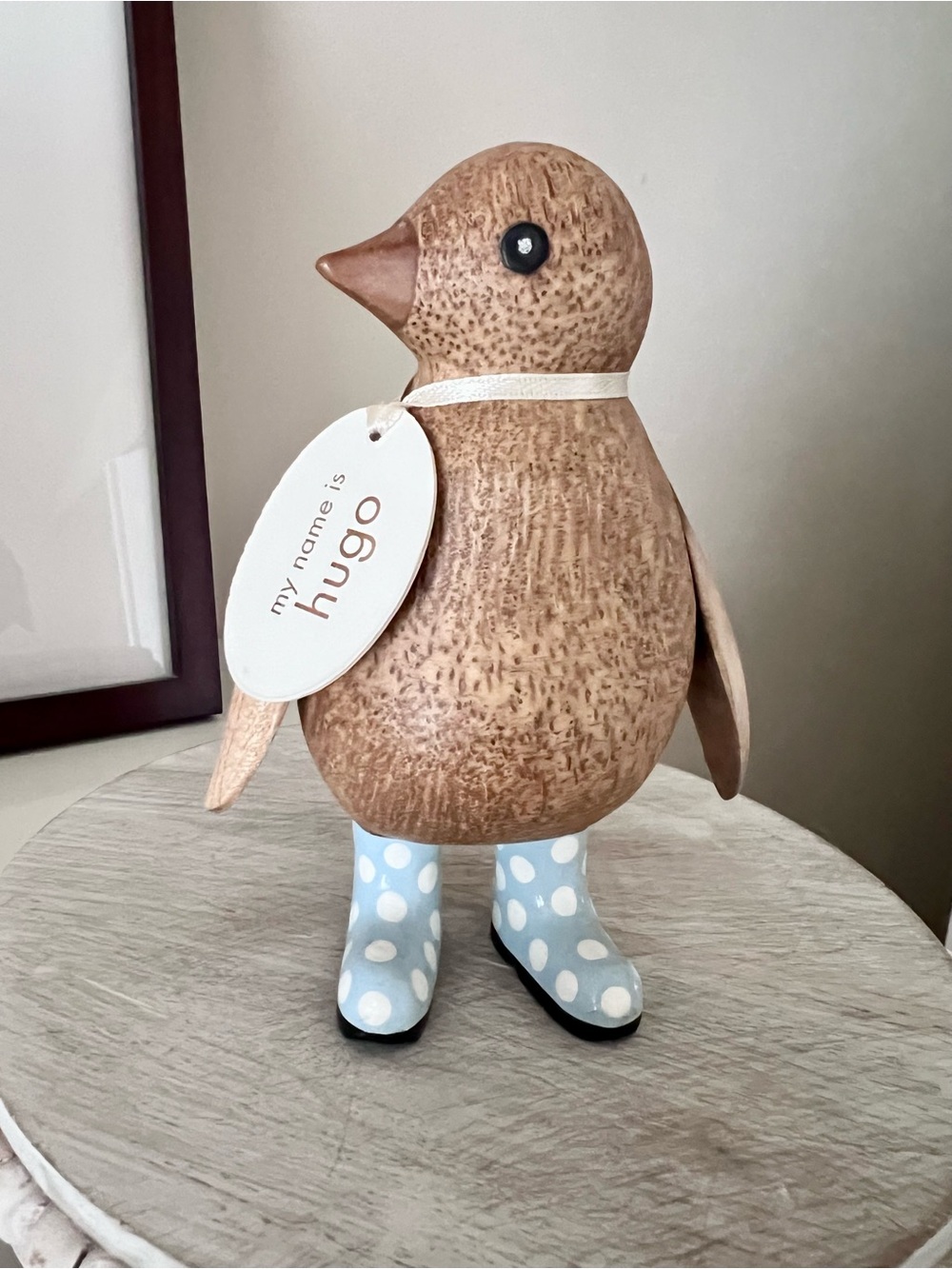 DCUK Wooden Penguin Blue White Polka Dot Boots “Wellie Garden”